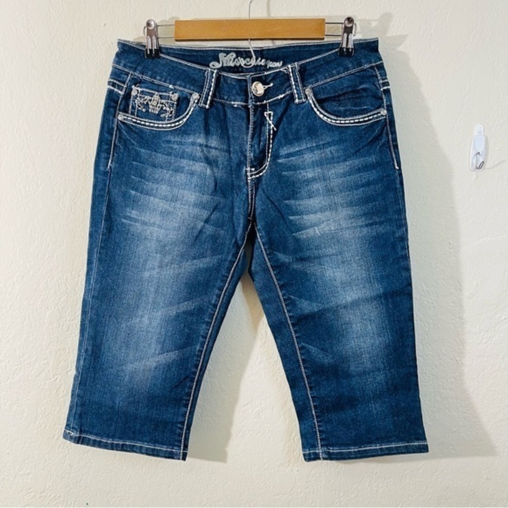 Miss Chic Jeans Mid Rise Capris Jeans Size 11 Blue Pockets Stylish Embellished